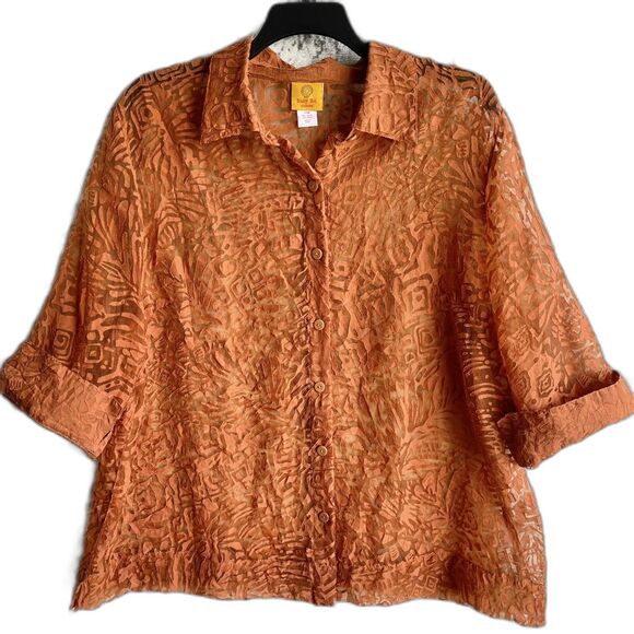 Ruby Rd Sheer Top Plus Size 20 Short Sleeve Button Up Tropical Floral Rust Brown - Picture 10 of 10